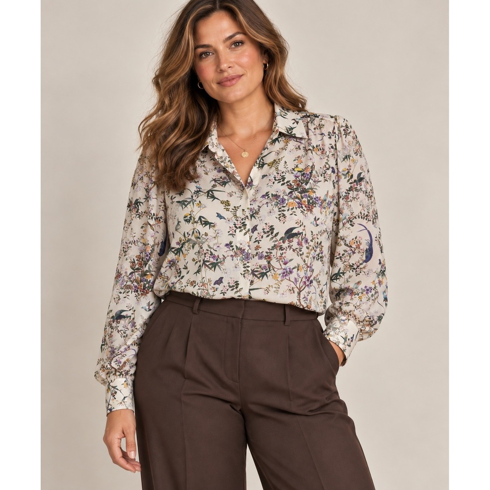 H&M White Floral Bird Print Button Down Blouse Plus, 14